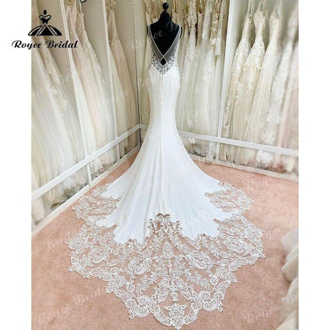 NumberSea 2025 Sexy Meerjungfrau/Trompete Spitze Boho Backless Weiche Satin Brautkleid mit V-Ausschnitt Spaghetti-Trägern Brautkleid vestido de boda 