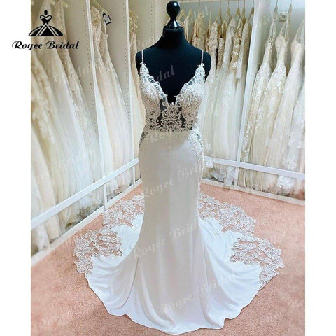 NumberSea 2025 Sexy Meerjungfrau/Trompete Spitze Boho Backless Weiche Satin Brautkleid mit V-Ausschnitt Spaghetti-Trägern Brautkleid vestido de boda 