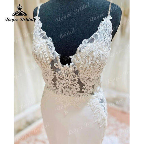 NumberSea 2025 Sexy Meerjungfrau/Trompete Spitze Boho Backless Weiche Satin Brautkleid mit V-Ausschnitt Spaghetti-Trägern Brautkleid vestido de boda 