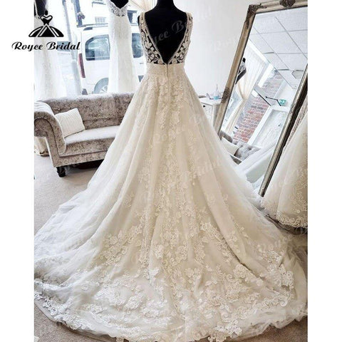 NumberSea 2025 Vestido Vintage V-Ausschnitt Spitzenapplikationen Spitzenapplikationen A-Linie Strandhochzeitskleid Sweep Train Robe Sexy Braut Strand Sommer 