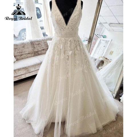 NumberSea 2025 Vestido Vintage V-Ausschnitt Spitzenapplikationen Spitzenapplikationen A-Linie Strandhochzeitskleid Sweep Train Robe Sexy Braut Strand Sommer 
