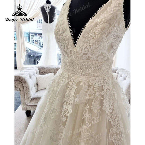 NumberSea 2025 Vestido Vintage V-Ausschnitt Spitzenapplikationen Spitzenapplikationen A-Linie Strandhochzeitskleid Sweep Train Robe Sexy Braut Strand Sommer 