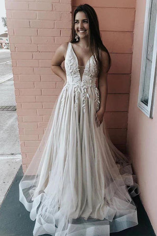 NumberSea A-Linie, V-Ausschnitt, Satin und Tüll, Elfenbein, Brautkleid, MW353