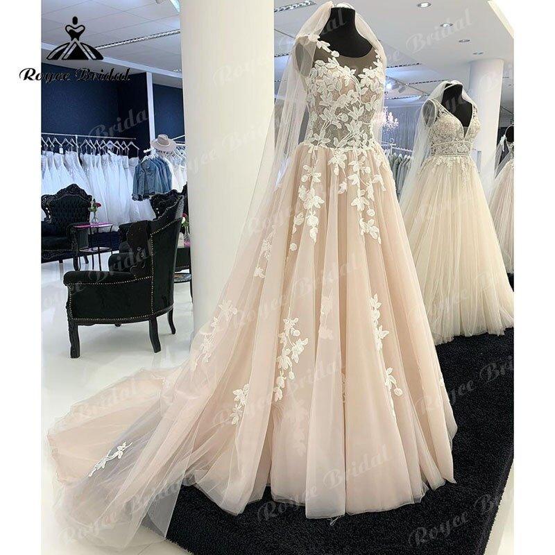 NumberSea A Line Boho Scoop Wedding Dress Lace Appliques Sleeveless Light Champagne Court Train 2025 Wedding Gown Robe Mariage Femme Beach