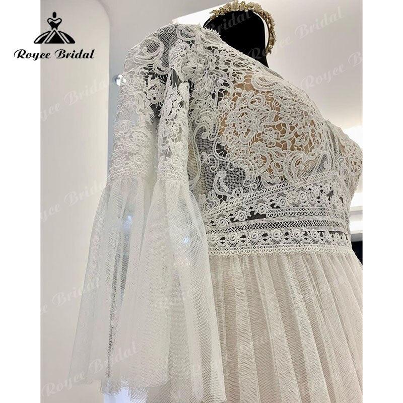NumberSea A Line Boho Wedding Dress V Neck Three Quarter Flare Sleeve Lace Bodice Illusion Soft Tulle 2025 Beach Vestidos De Fiesta Bridal