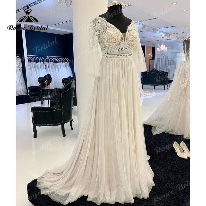 NumberSea A Line Boho Wedding Dress V Neck Three Quarter Flare Sleeve Lace Bodice Illusion Soft Tulle 2025 Beach Vestidos De Fiesta Bridal
