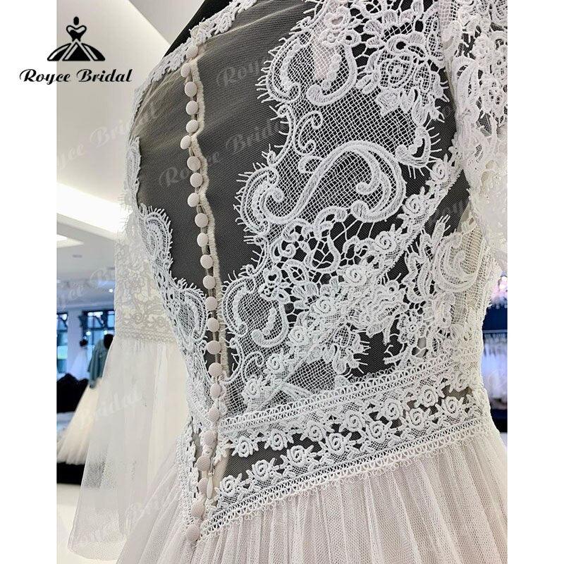 NumberSea A Line Boho Wedding Dress V Neck Three Quarter Flare Sleeve Lace Bodice Illusion Soft Tulle 2025 Beach Vestidos De Fiesta Bridal
