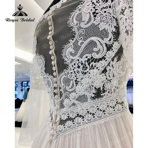 NumberSea A-Linie Boho Brautkleid V-Ausschnitt Dreiviertelärmel Spitzenmieder Illusion Weicher Tüll 2025 Strand Vestidos De Fiesta Braut