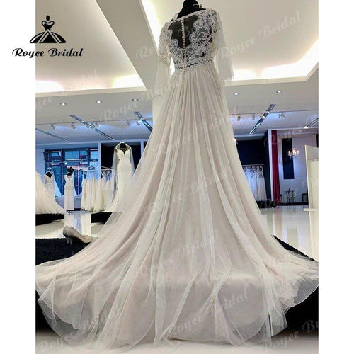 NumeroMare Un Modello Abito da Sposa Boho Scollatura a V Tre Quarti Manica Svasata Corpetto in Pizzo Illusorio Morbido Tulle 2025 Spiaggia Vestiti da Festa Nuziale