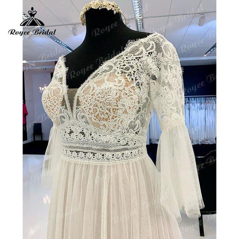 NumberSea A-Linie Boho Brautkleid V-Ausschnitt Dreiviertelärmel Spitzenmieder Illusion Weicher Tüll 2025 Strand Vestidos De Fiesta Braut