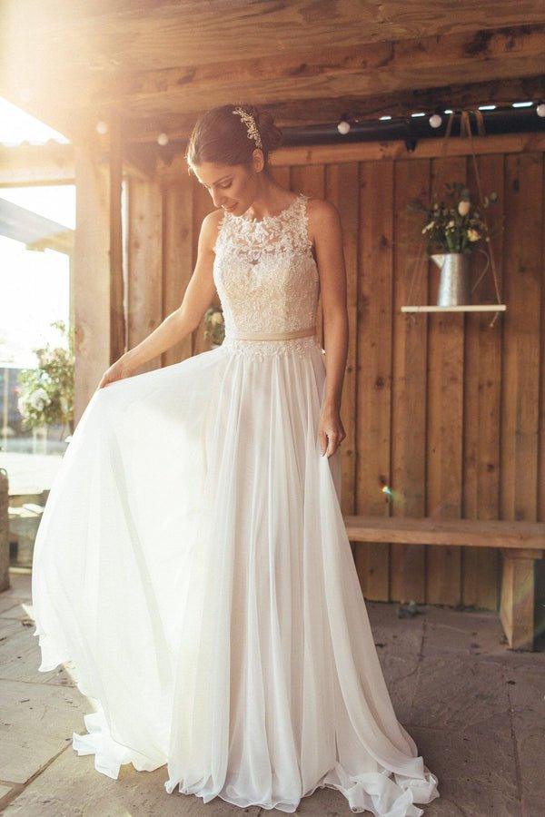 NumberSea A-Line Chiffon Wedding Dresses Ivory Appliques With Beadings See Through Wedding Gowns,MW375