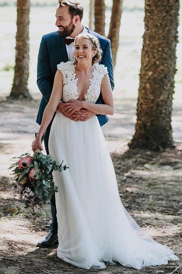 NumberSea A-Line Jewel Sweep Train White Tulle Wedding Dress With Appliques,MW428