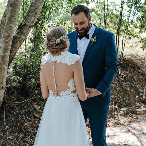 NumberSea A-Line Jewel Sweep Train White Tulle Wedding Dress With Appliques,MW428