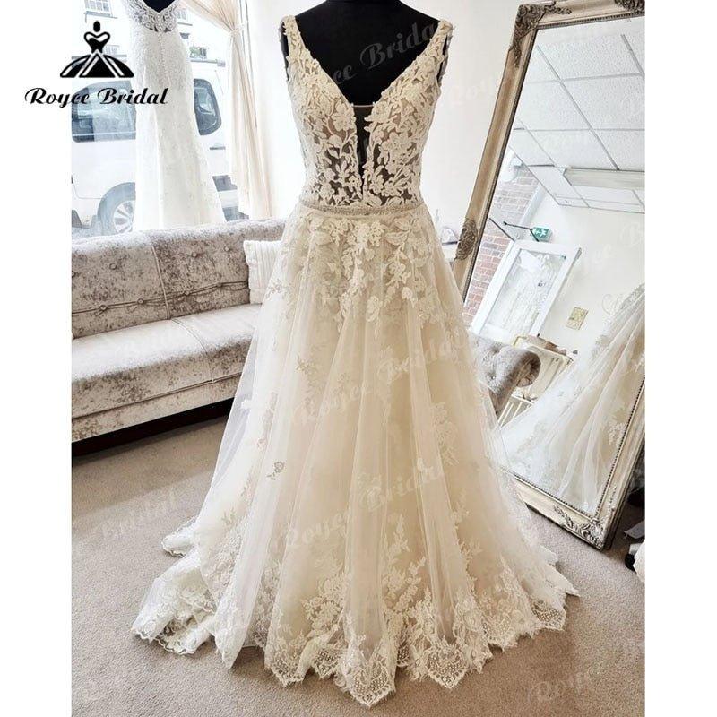 NumberSea A Line Lace Appliques Sleeveless Deep V Neck Boho Wedding Dress Sweep Train 2025 Summer Beach Wedding Gowns Custom Made Elegant