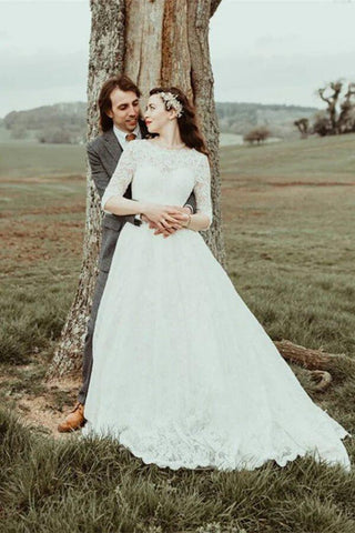NumberSea A-Linie Spitze Halbarm Rückenfrei Vintage Brautkleider, Brautkleid, MW776