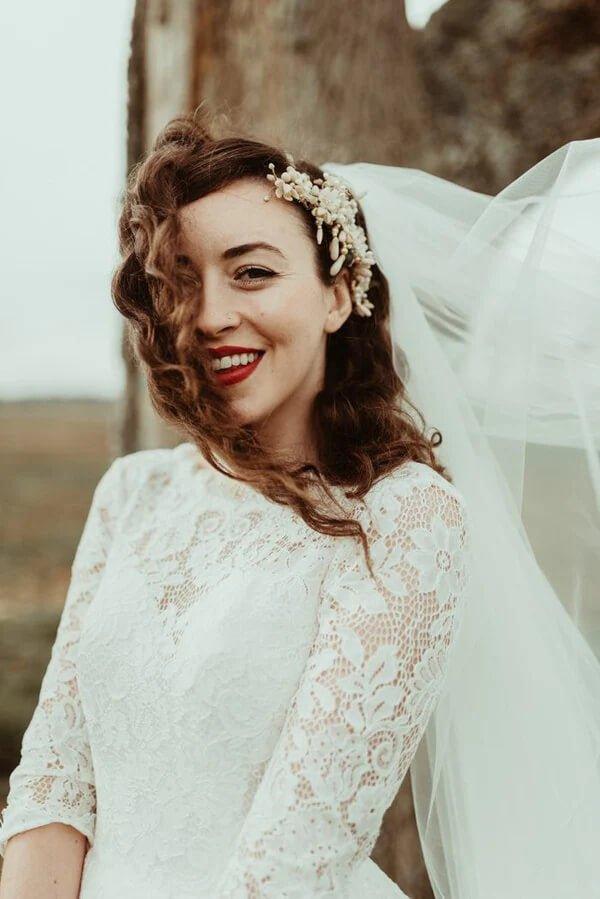 NumberSea A-line Lace Half Sleeves Backless Vintage Wedding Dresses, Bridal Gown, MW776