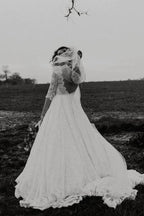 NumberSea A-line Lace Half Sleeves Backless Vintage Wedding Dresses, Bridal Gown, MW776