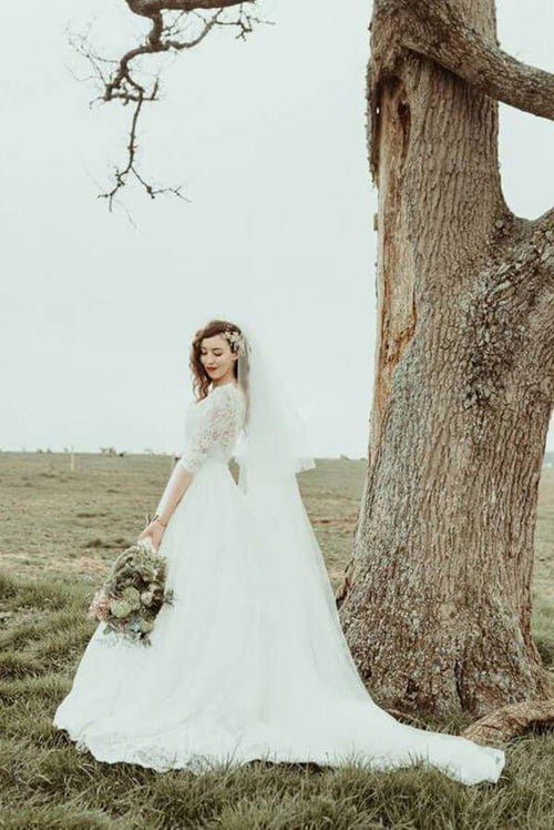 NumberSea Robes de mariée vintage A-line dentelle manches trois-quarts dos nu, Robe de mariée, MW776