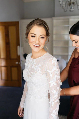 NumberSea A-Linie Spitze Lange Ärmel Rundhals Schlitz Brautkleid, Brautkleider, MW762