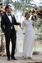 NumberSea A-line Lace Long Sleeves Round Neck Slit Wedding Dress, Wedding Gowns, MW762