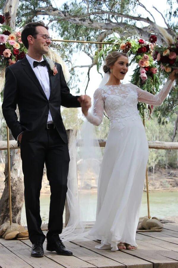 NumberSea A-line Lace Long Sleeves Round Neck Slit Wedding Dress, Wedding Gowns, MW762