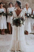 NumberSea A-line Long Sleeve Deep V-neck Lace Backless Wedding Dresses Long Bridal Dresses,MW343
