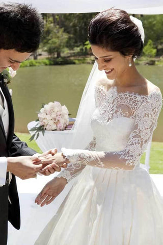 NumberSea A-Linie, schulterfrei, lange Ärmel, Satin-Spitze, Brautkleid, MW790