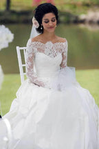 NumberSea A-line Off Shoulder Long Sleeves Satin Lace Wedding Dresses, Bridal Gown, MW790
