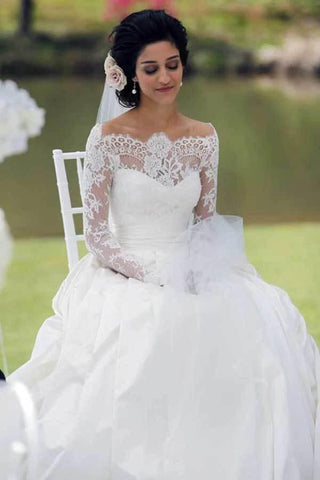 NumberSea A-Linie, schulterfrei, lange Ärmel, Satin-Spitze, Brautkleid, MW790