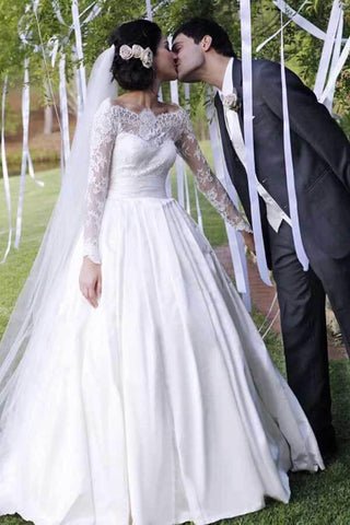 NumberSea A-Linie, schulterfrei, lange Ärmel, Satin-Spitze, Brautkleid, MW790