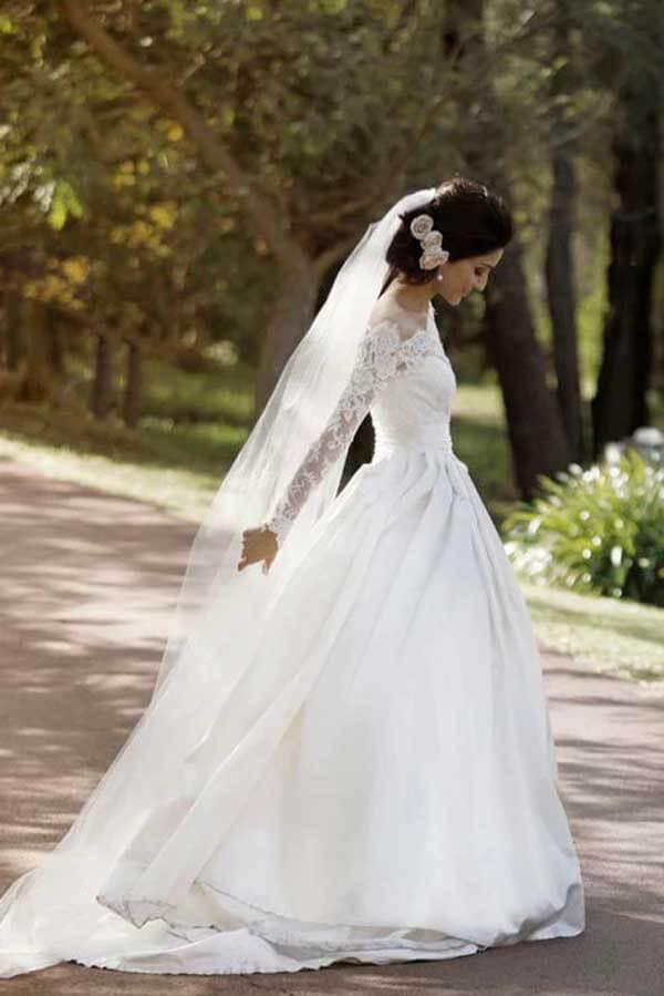 NumberSea A-line Off Shoulder Long Sleeves Satin Lace Wedding Dresses, Bridal Gown, MW790