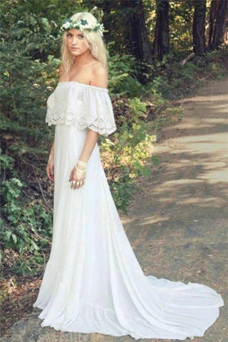NumberSea Vestidos de noiva de verão praianos, corte A, ombro descoberto, boémio, renda, chiffon, marfim, MW344