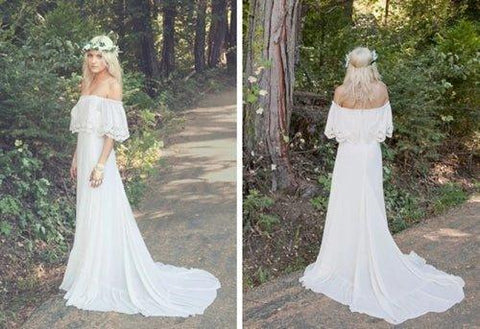 NumberSea Vestidos de noiva de verão praianos, corte A, ombro descoberto, boémio, renda, chiffon, marfim, MW344