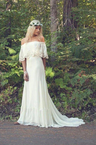 NumberSea Vestidos de noiva de verão praianos, corte A, ombro descoberto, boémio, renda, chiffon, marfim, MW344