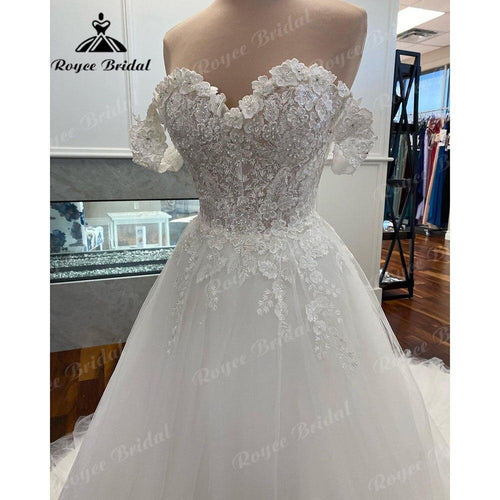 NumberSea Vestido de Novia Princesa con Hombros Descubiertos, Manga Corta de Encaje Floral, Línea A, 2025, Traje de Novia para la Novia