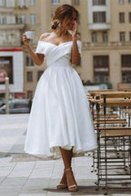 NumberSea A-line Satin Off Shoulder Tea-Length Wedding Dresses, Wedding Gown, MW721