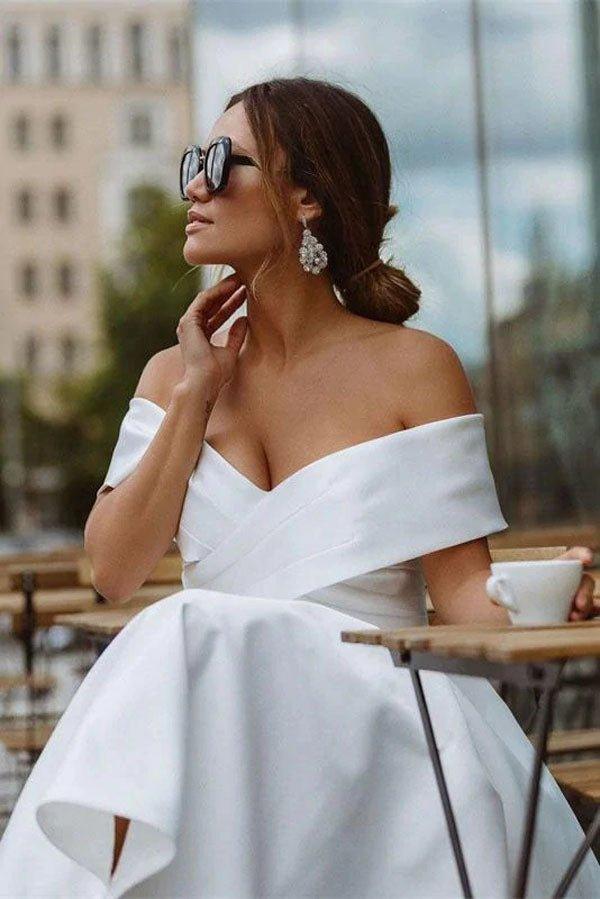 NumberSea A-line Satin Off Shoulder Tea-Length Wedding Dresses, Wedding Gown, MW721