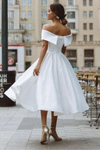 NumberSea A-line Satin Off Shoulder Tea-Length Wedding Dresses, Wedding Gown, MW721