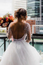 NumberSea A-Line Scoop Long Sleeve Pearl Princess Wedding Dress With Backless,MW389