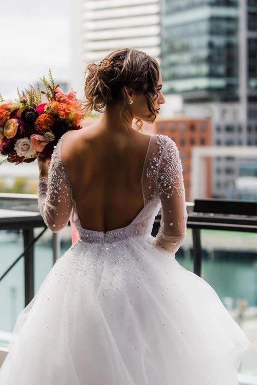 NumberSea A-Line Scoop Long Sleeve Pearl Princess Wedding Dress With Backless,MW389