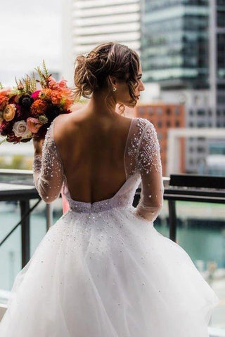 NumberSea A-Linie U-Ausschnitt Langarm Perlen Prinzessin Brautkleid mit rückenfreiem Schnitt, MW389