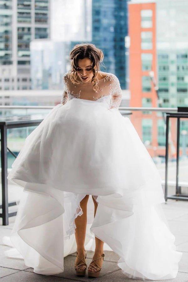 NumberSea A-Line Scoop Long Sleeve Pearl Princess Wedding Dress With Backless,MW389