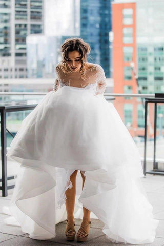 NumberSea A-Linie U-Ausschnitt Langarm Perlen Prinzessin Brautkleid mit rückenfreiem Schnitt, MW389
