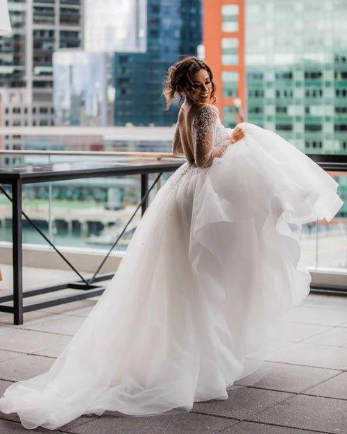 NumberSea Robe de mariée princesse perles A-Line encolure ronde manches longues dos nu, MW389