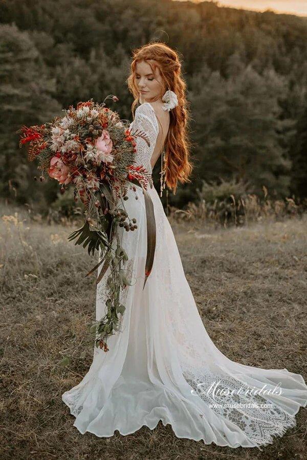 NumberSea A-line Scoop Neck Backless Long Sleeves Lace Wedding Dresses, MW989