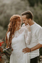 NumberSea A-line Scoop Neck Backless Long Sleeves Lace Wedding Dresses, MW989