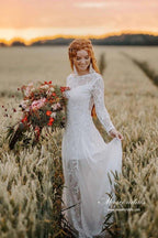 NumberSea A-line Scoop Neck Backless Long Sleeves Lace Wedding Dresses, MW989