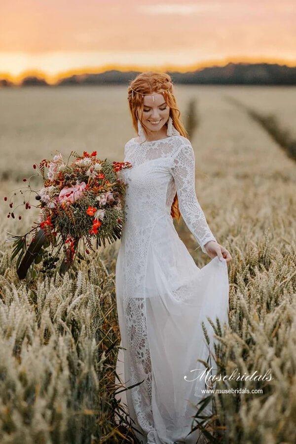 NumberSea A-line Scoop Neck Backless Long Sleeves Lace Wedding Dresses, MW989