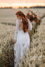 NumberSea A-line Scoop Neck Backless Long Sleeves Lace Wedding Dresses, MW989