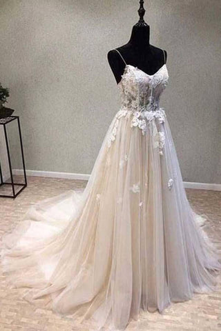 NumberSea A-Linie Spaghettiträger Brautkleid mit Spitzenapplikationen, Brautkleid, MW727
